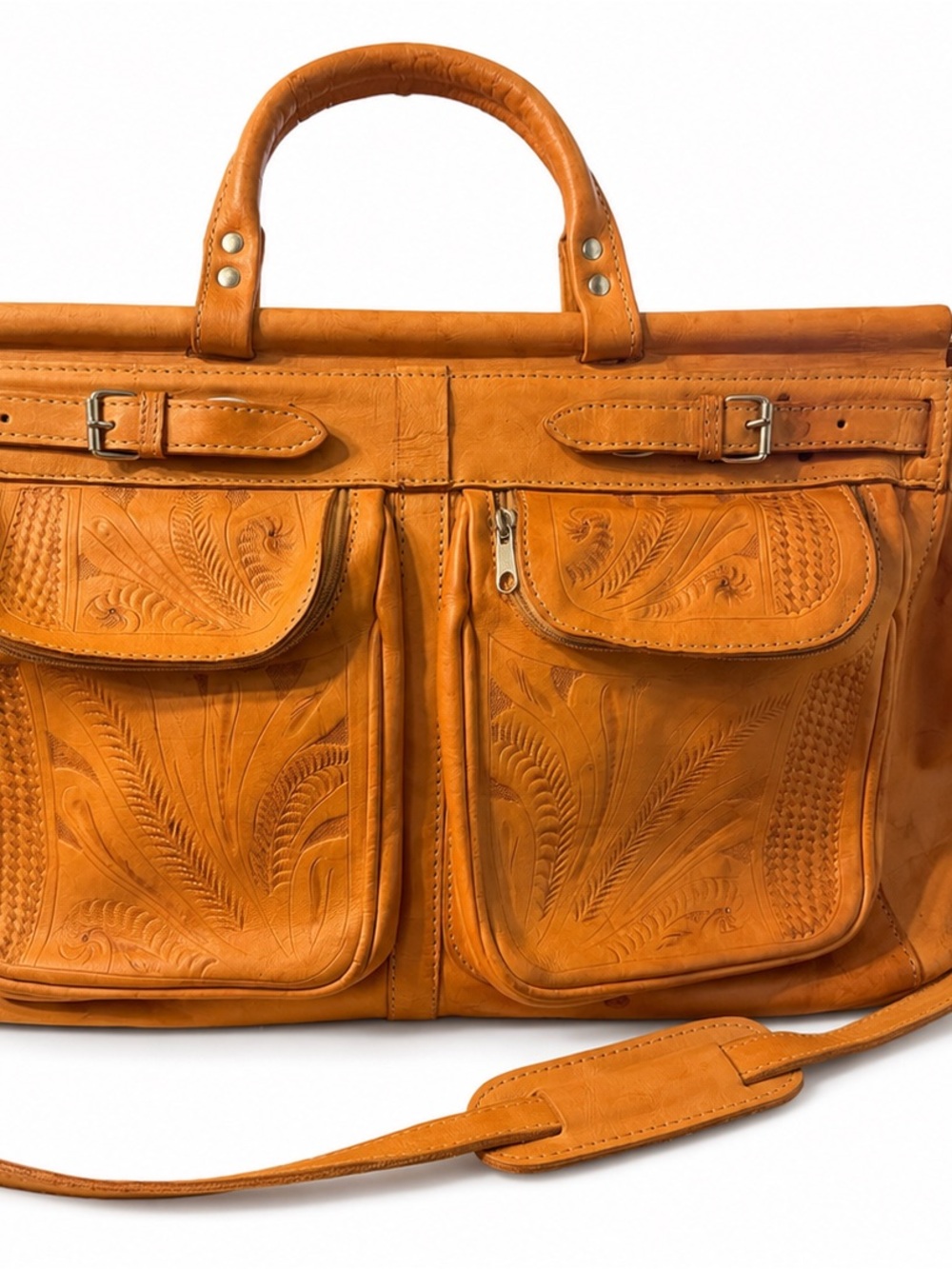 Ropin West Tooled Leather Duffle in Saddle Brown